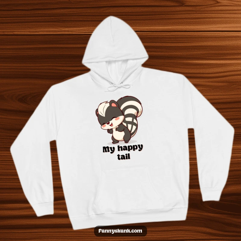 Funny skunk hoodie, a skunk in mid-wiggle, its striped tail a blur of pure comical delight and happiness.