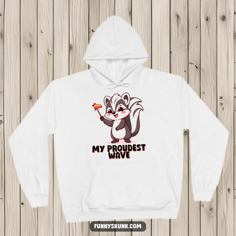 Funny skunk hoodie, a skunk character gleefully bouncing and waving a bright, colorful flag with infectious enthusiasm.