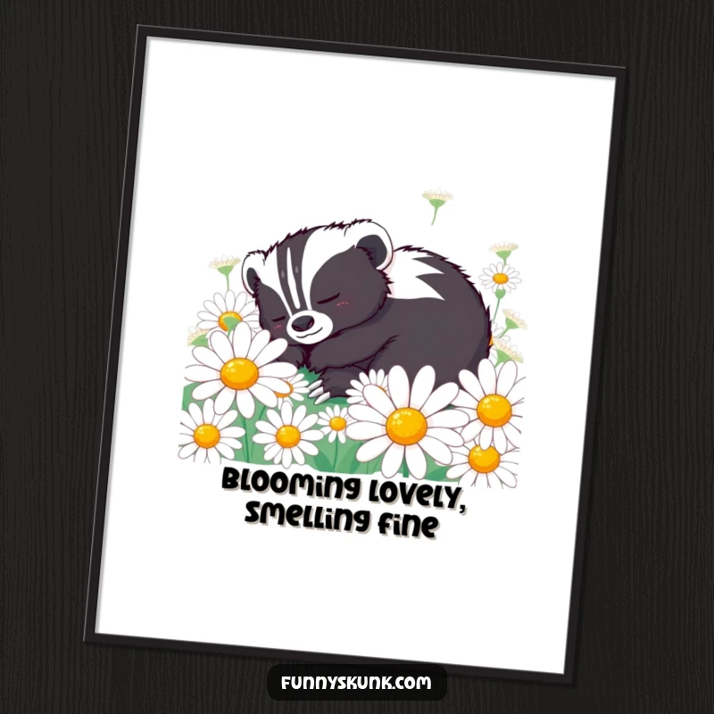 Funny Free Printable Wall Art: A content skunk naps peacefully in a bed of oversized daisies, creating a humorous, tranquil scene.