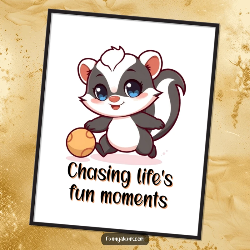 Funny free printable wall art of a skunk with wide eyes playfully chasing a bright bouncing ball with great energy.