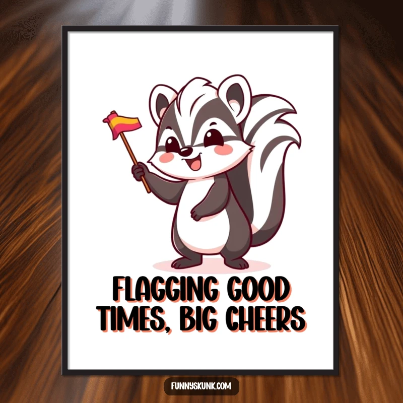 Funny Free Printable Wall Art: An excited skunk character is captured mid-bounce, waving a small, colorful flag.