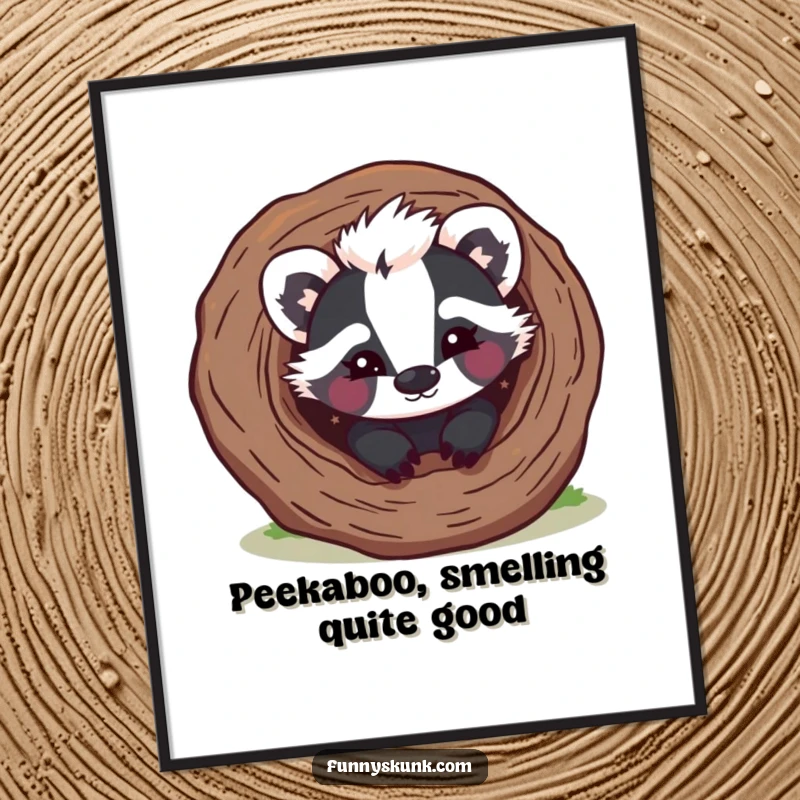 Funny Free Printable Wall Art: A mischievous skunk peeks from a hollow log with a playful wink, adding humor and intrigue.