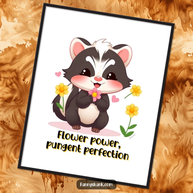 Funny Free Printable Wall Art: A happy skunk skillfully juggling vibrant flowers, adding whimsical charm.