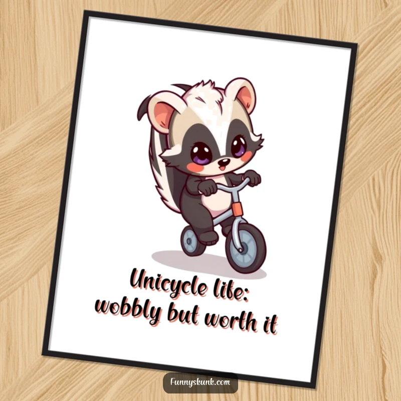 Funny Free Printable Wall Art: A skunk with big eyes attempts to ride a tiny, wobbling unicycle with gusto.