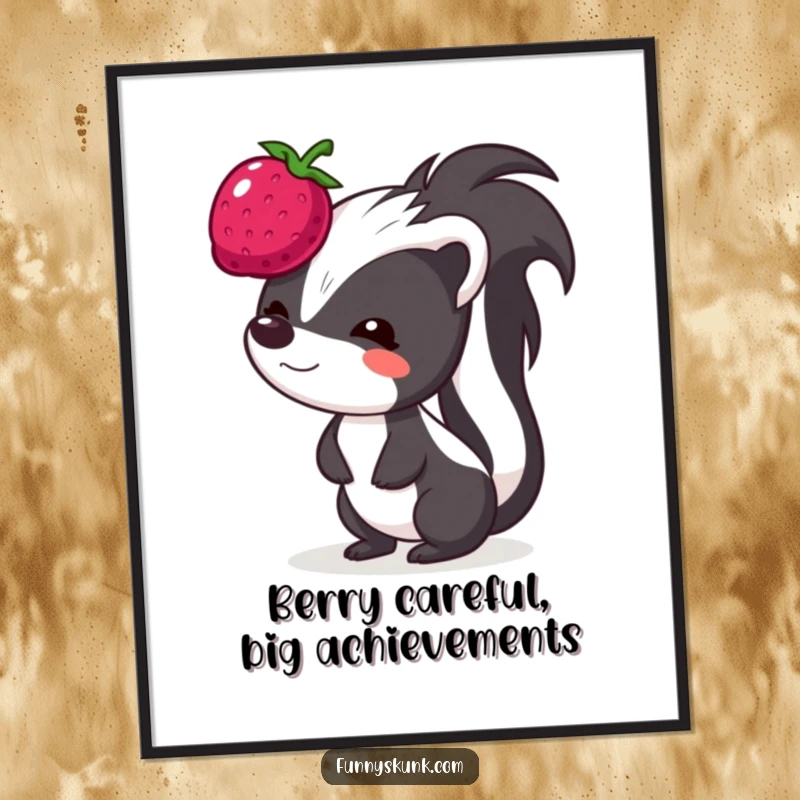 Funny Free Printable Wall Art: A skunk makes a comical face as it attempts to balance a bouncing berry on its head.