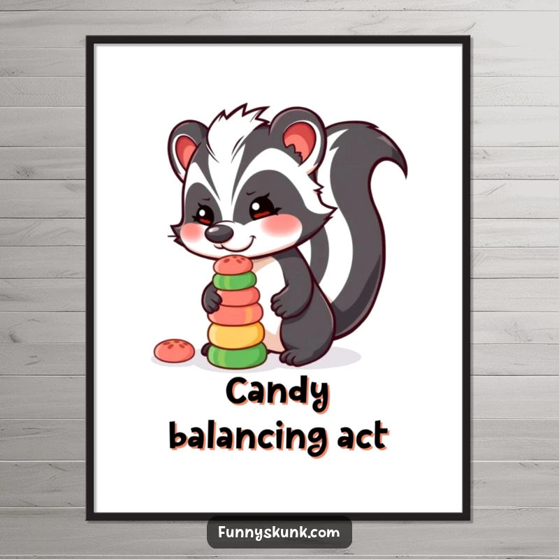 Funny Free Printable Wall Art: A skunk character expertly balancing a tall stack of colorful candies on its nose, cute downloadable.