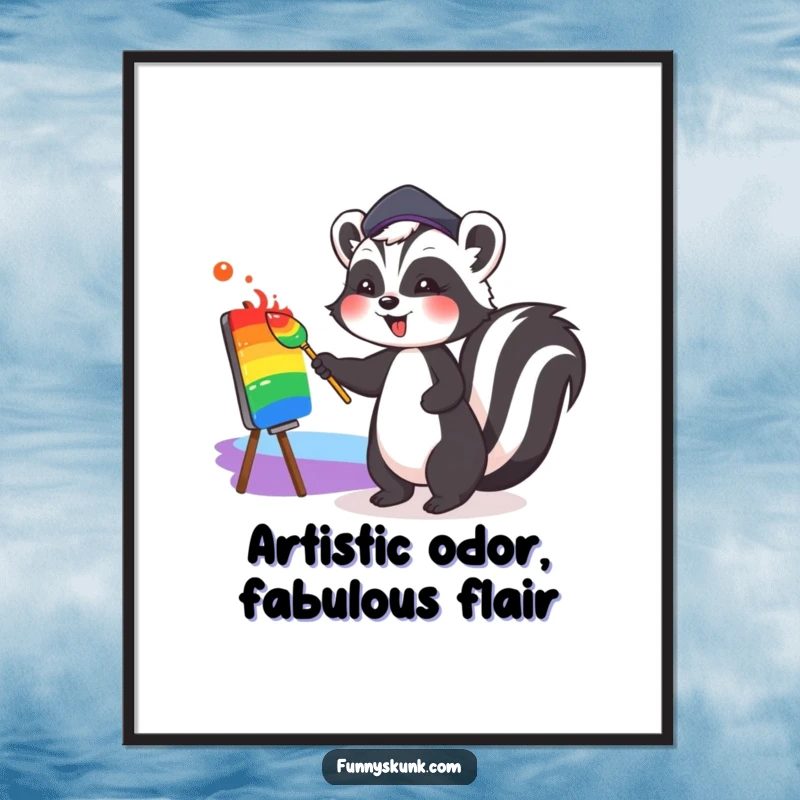 Funny Free Printable Wall Art: Cute Skunk Wearing a Jaunty Beret Joyfully Painting a Colorful Rainbow