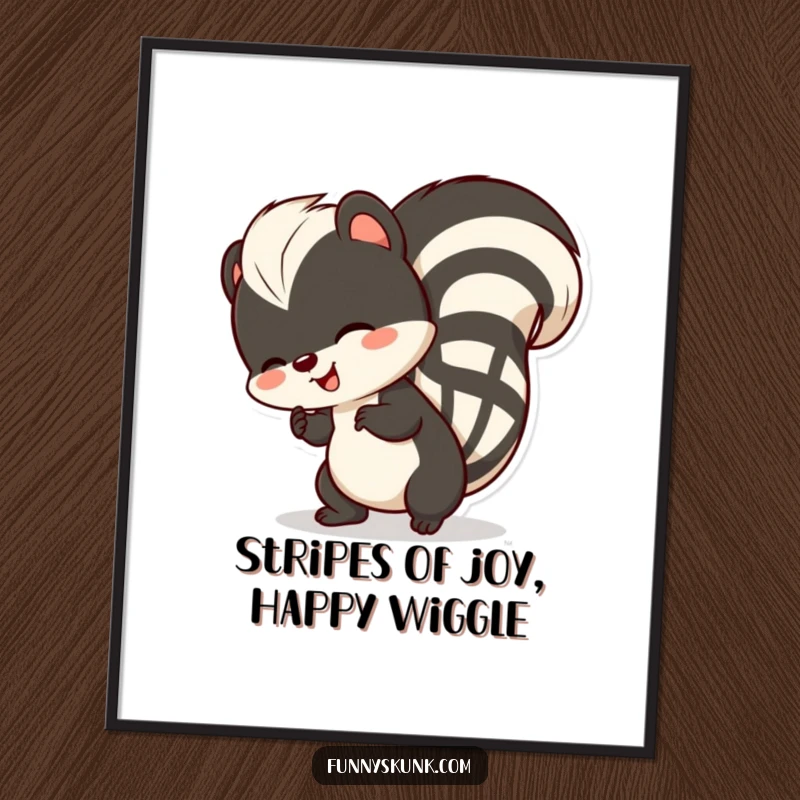 Funny Free Printable Wall Art depicting a skunk comically wiggling its striped tail with an expression of pure, unbridled delight.