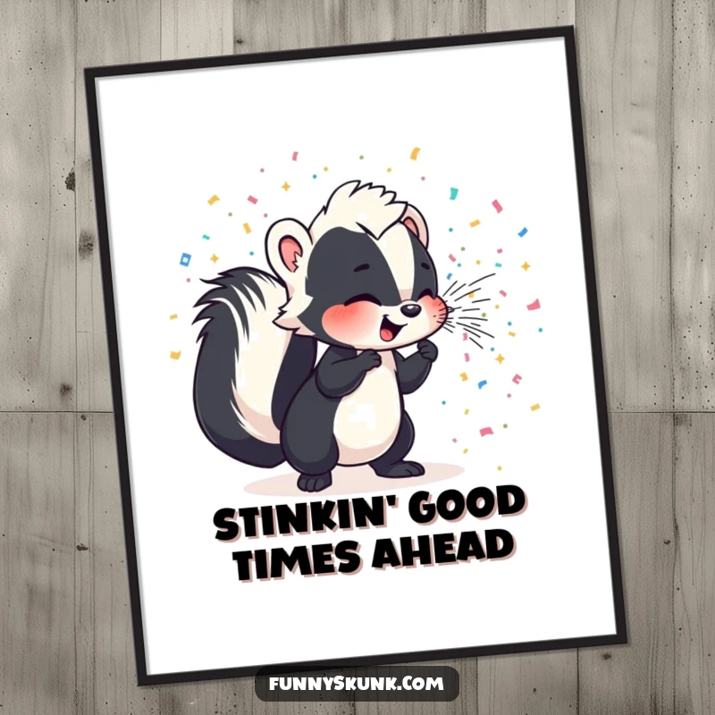 Funny Free Printable Wall Art: A cute skunk character joyfully spraying a large, sparkling cloud of colorful confetti.