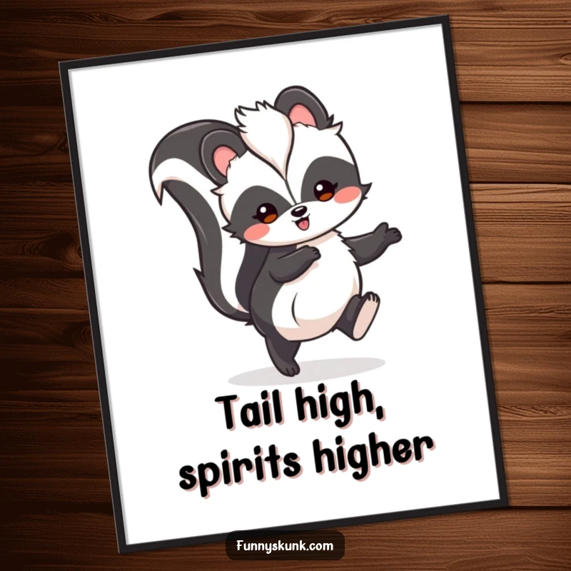 Funny Free Printable Wall Art: A fluffy skunk happily hopping with its tail held high, bringing playful humor to any room.