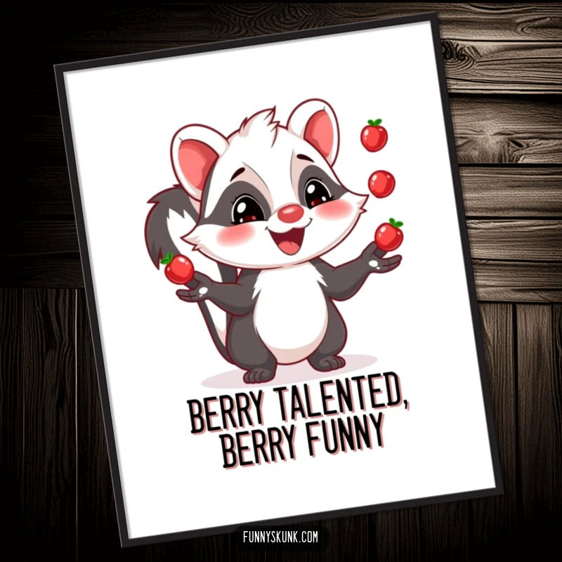 Funny Free Printable Wall Art: A grinning skunk expertly juggling three shiny berries, adding a humorous touch to any room.