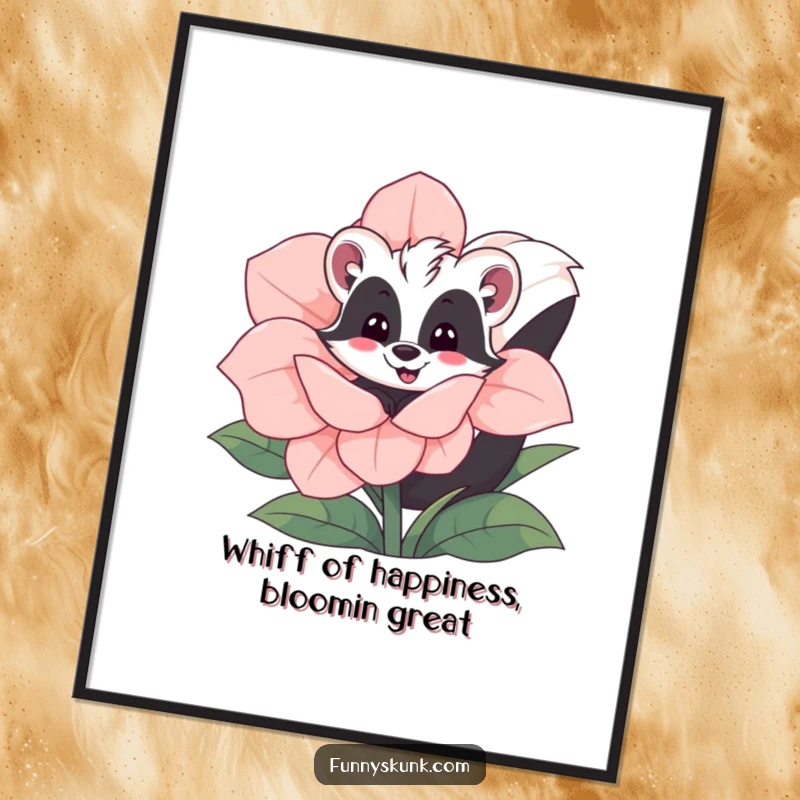 Funny Free Printable Wall Art: A cheerful skunk peeking from behind a giant, colorful flower, bringing humor to any room.