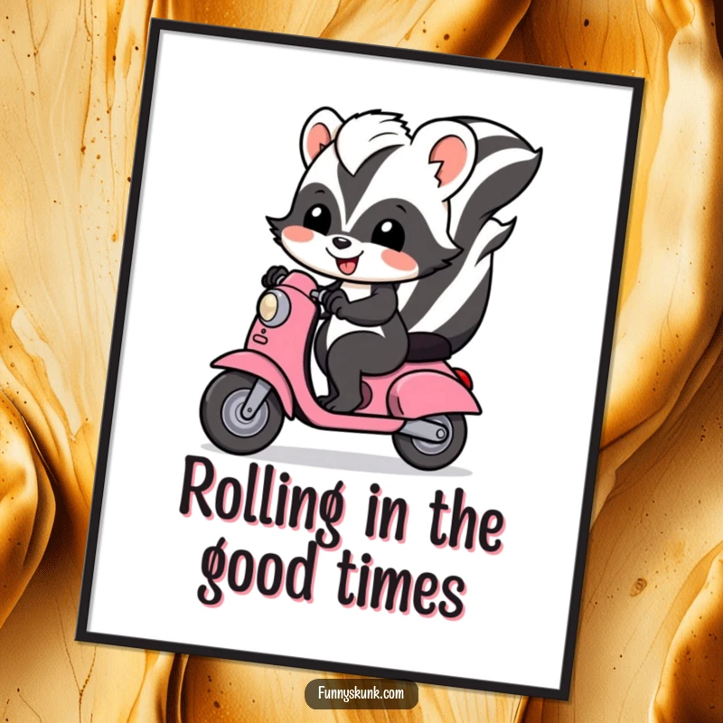 Funny free printable wall art of a cheerful skunk with a joyful expression riding a tiny scooter, full of zest.