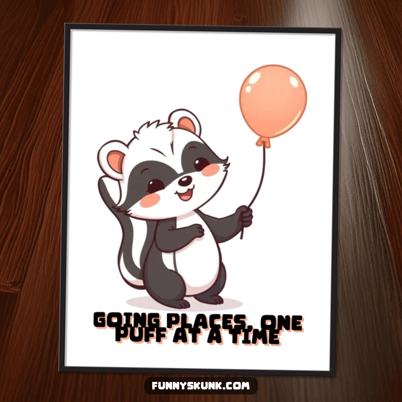Funny Free Printable Wall Art: A cheerful skunk joyfully floats upwards, holding a single balloon, radiating happiness.