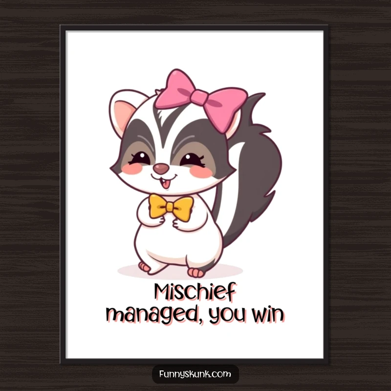 Funny free printable wall art of a skunk wearing a bright bow, tiptoeing stealthily with mischievous glee and charm.