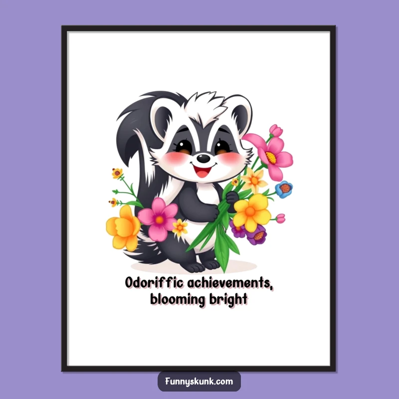 Free Printable Wall Art: Smiling Skunk with Flowers, Funny Downloadable Decor