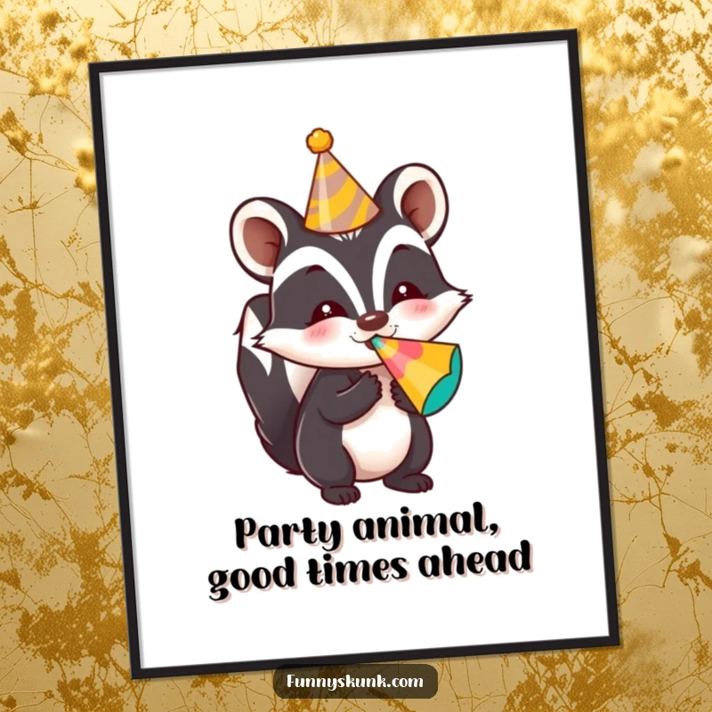 Funny Free Printable Wall Art: A skunk wearing a party hat blows a colorful noise maker, bringing humorous celebration to any room.