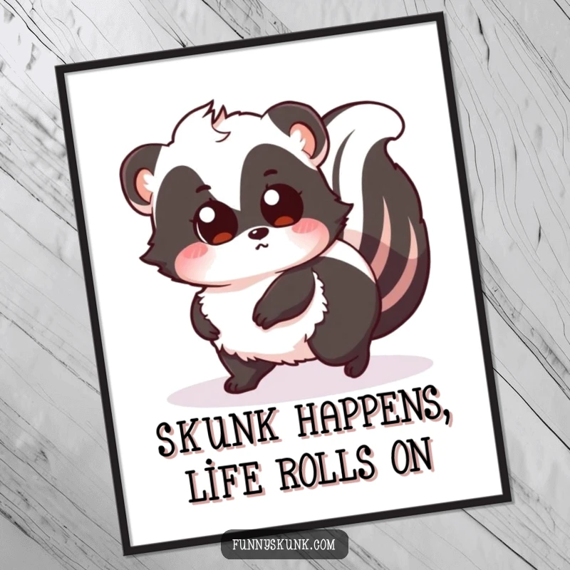Funny Free Printable Wall Art: Fluffy Skunk Tripping Playfully Over Its Own Tail with Wide Surprised Eyes