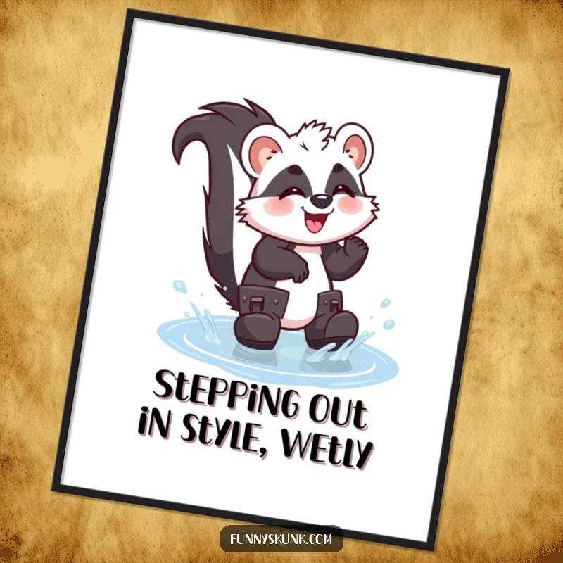 Funny Free Printable Wall Art: A giggling skunk wearing oversized boots splish-splashes in a puddle, radiating pure playful happiness.