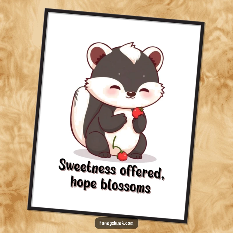 Funny Free Printable Wall Art: A shy skunk tentatively offers a sweet berry with a hopeful expression, adding charm.