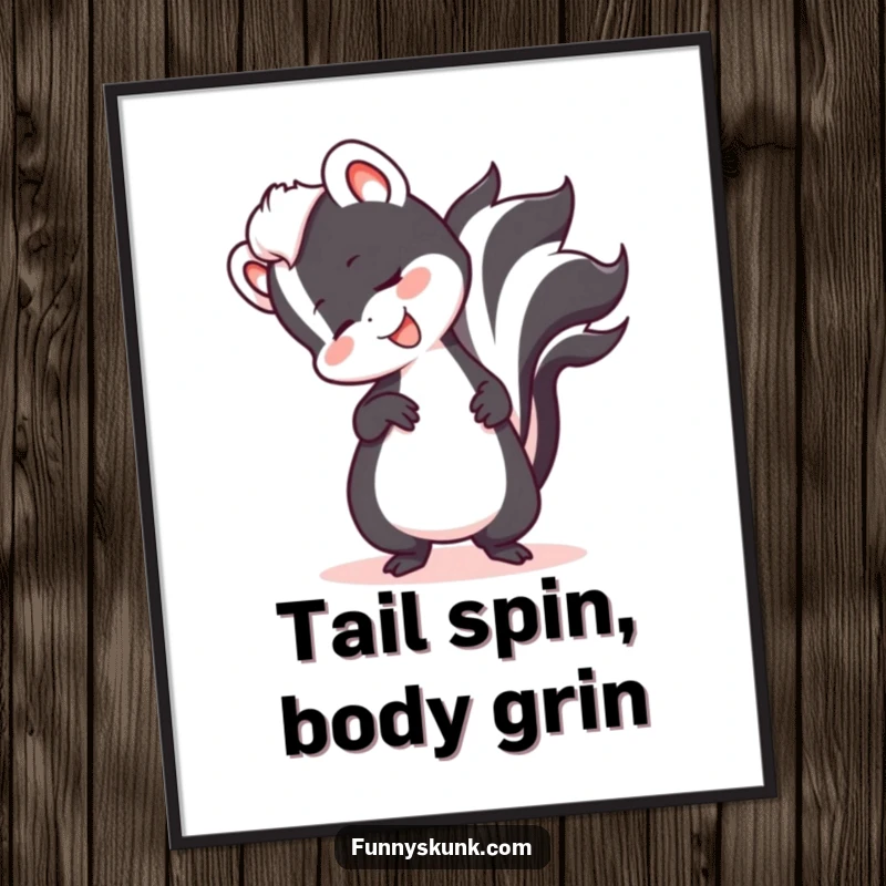 Funny Free Printable Wall Art: A smiling skunk comically tripping over its own tail, adding humor to any room.