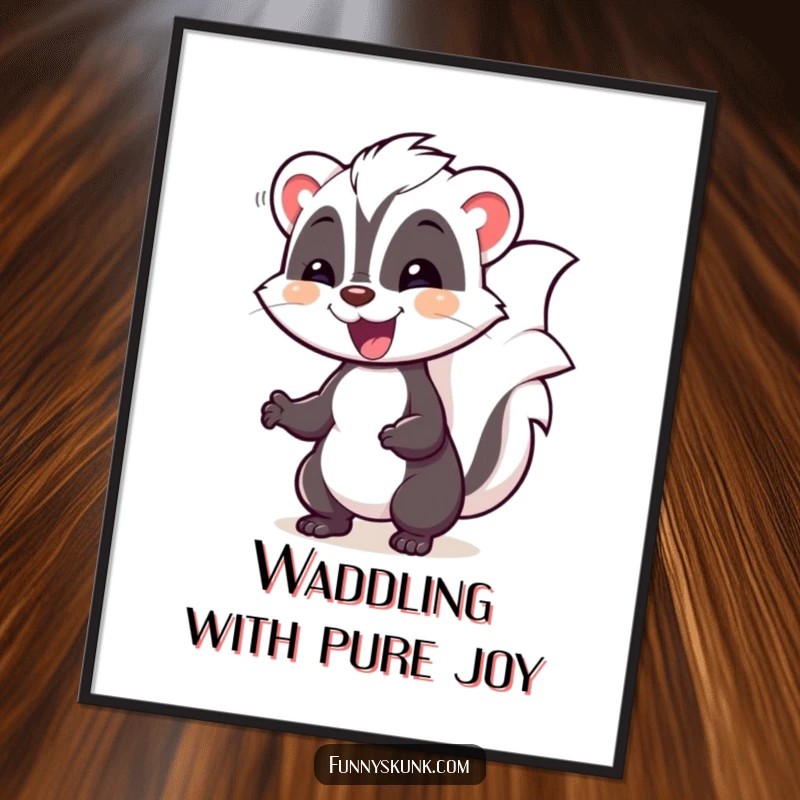 Funny free printable wall art of a happy skunk in a silly pose, waddling with pure delight and charm.