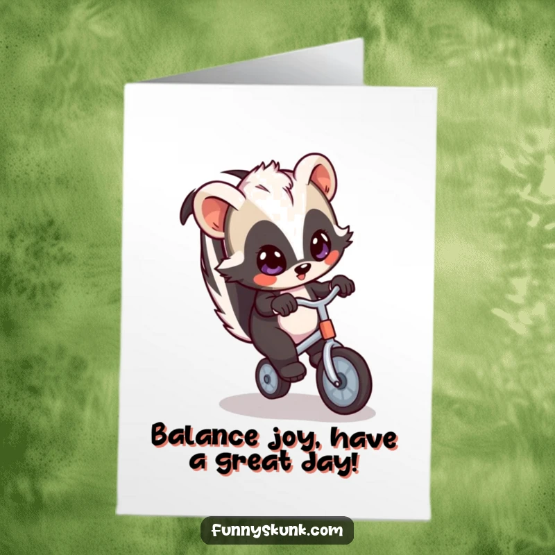 Funny Free Printable Birthday Card: A wide-eyed skunk hilariously attempts to ride a tiny, unstable unicycle.