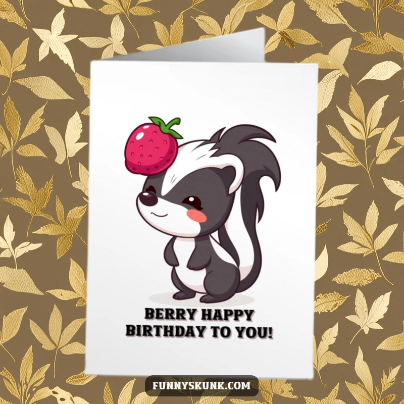Funny Free Printable Birthday Card: A skunk makes a funny face while trying to balance a bouncing berry on its head.