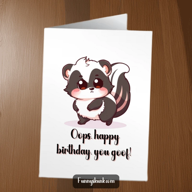 Funny Free Printable Birthday Card: Fluffy Skunk Tripping Over Tail with Surprised Eyes