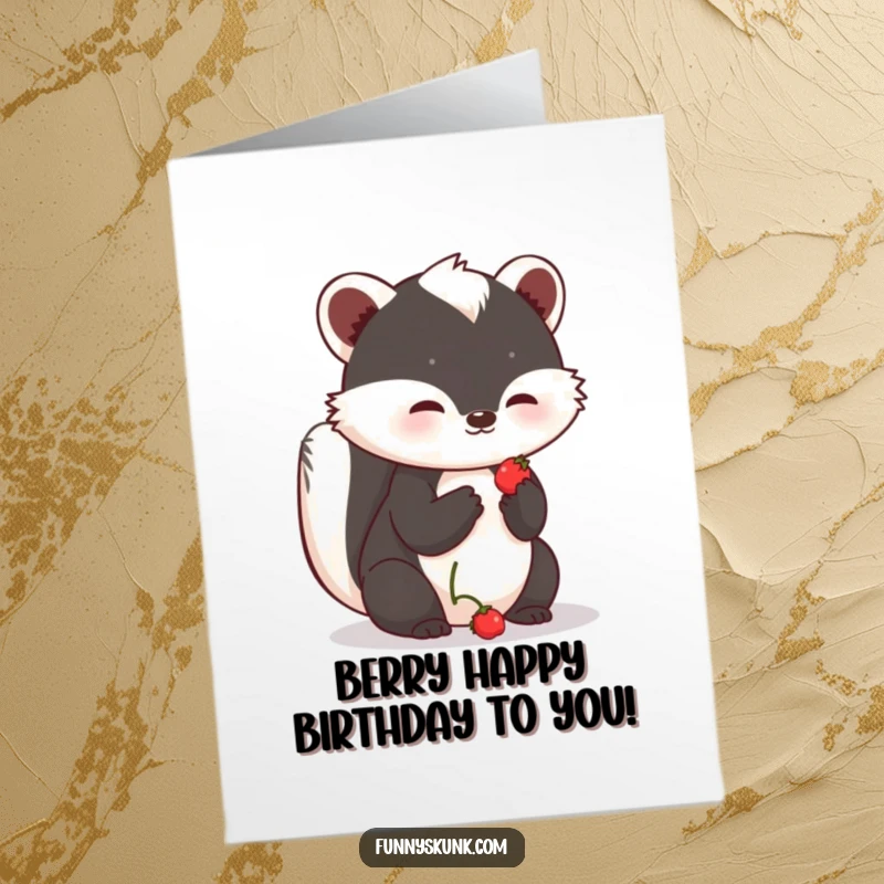 Funny Free Printable Birthday Card: A shy skunk offers a sweet berry with a hopeful look, perfect for warm wishes.
