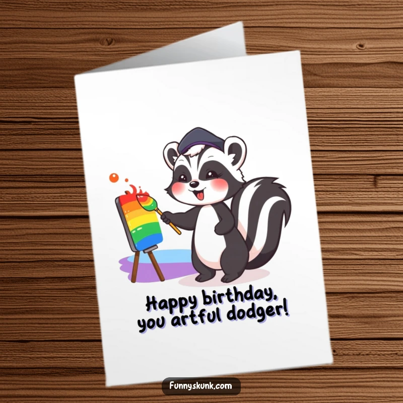 Funny Free Printable Birthday Card: Cute Skunk in Beret Joyfully Painting a Colorful Rainbow