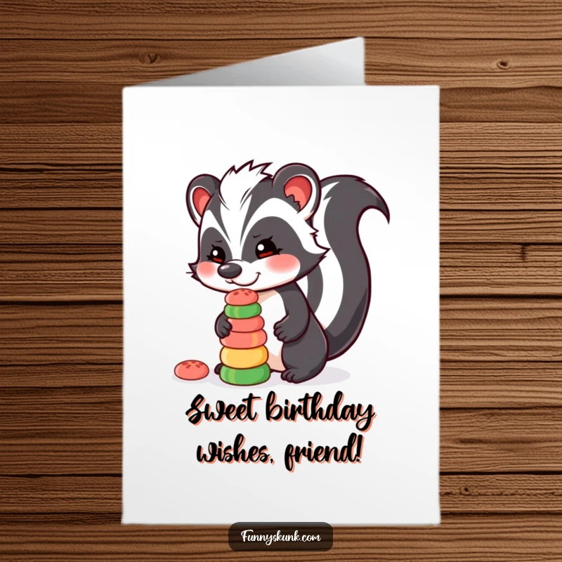 Funny Free Printable Birthday Card: A skunk skillfully balancing colorful candies on its nose, a sweet and downloadable wish.