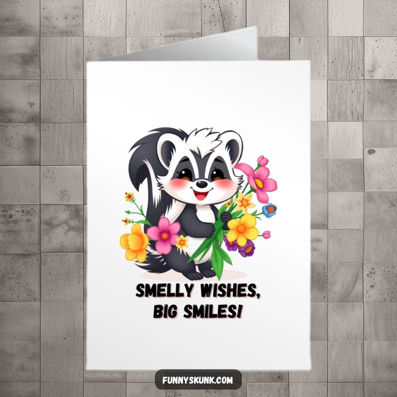 Funny Free Printable Birthday Card featuring a smiling skunk holding a bouquet of quirky, colorful flowers.
