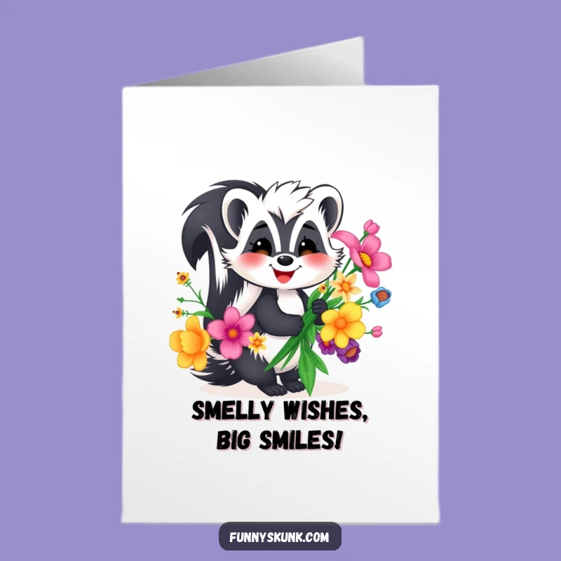 Free Printable Birthday Card: Smiling Skunk with Funny Flowers, Perfect Downloadable Gift