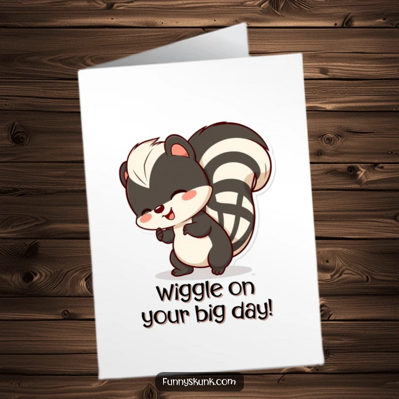 Funny Free Printable Birthday Card featuring a skunk comically wiggling its striped tail in pure, unadulterated delight.