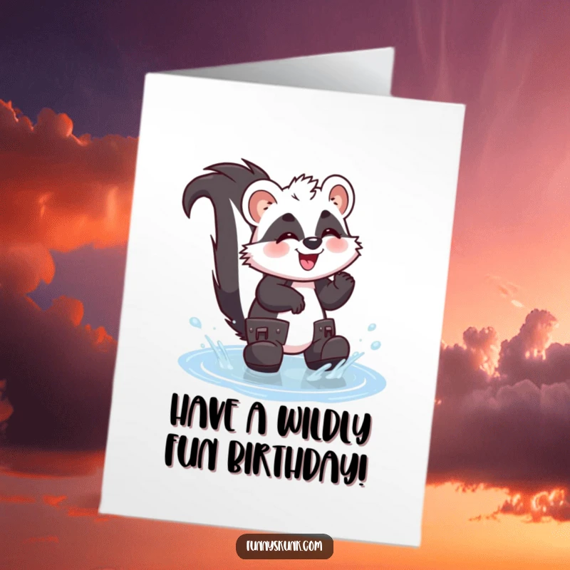 Funny Free Printable Birthday Card: A giggling skunk in big boots gleefully splashes in a puddle, celebrating birthdays with joy.