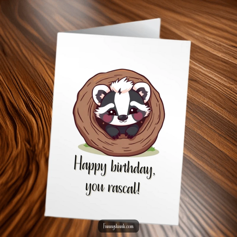 Funny Free Printable Birthday Card: A mischievous skunk peeks from a log with a wink, playing a playful birthday surprise.