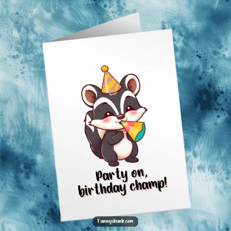 Funny Free Printable Birthday Card: A skunk in a party hat blows a noise maker, celebrating a birthday with hilarious party spirit.
