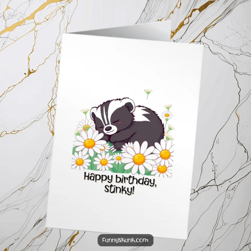 Funny Free Printable Birthday Card: A content skunk naps peacefully in a cozy bed of oversized daisies, wishing happy birthday.