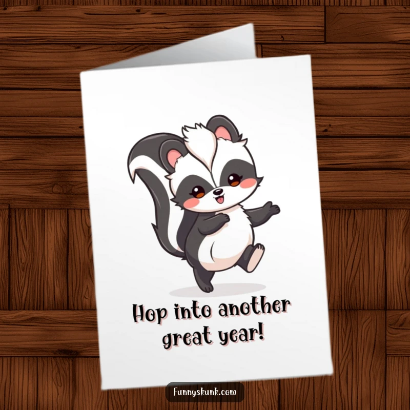 Funny Free Printable Birthday Card: A fluffy skunk happily hopping with its tail held high, celebrating a birthday with pure joy.