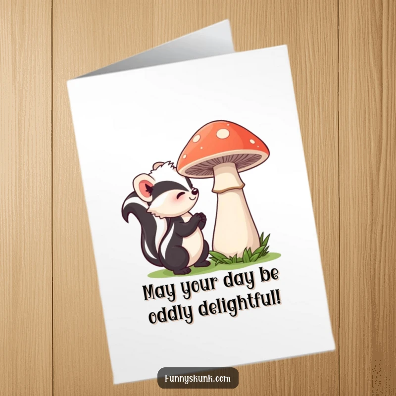 Funny Free Printable Birthday Card: A curious skunk gently sniffing a shy, giant mushroom with delight.