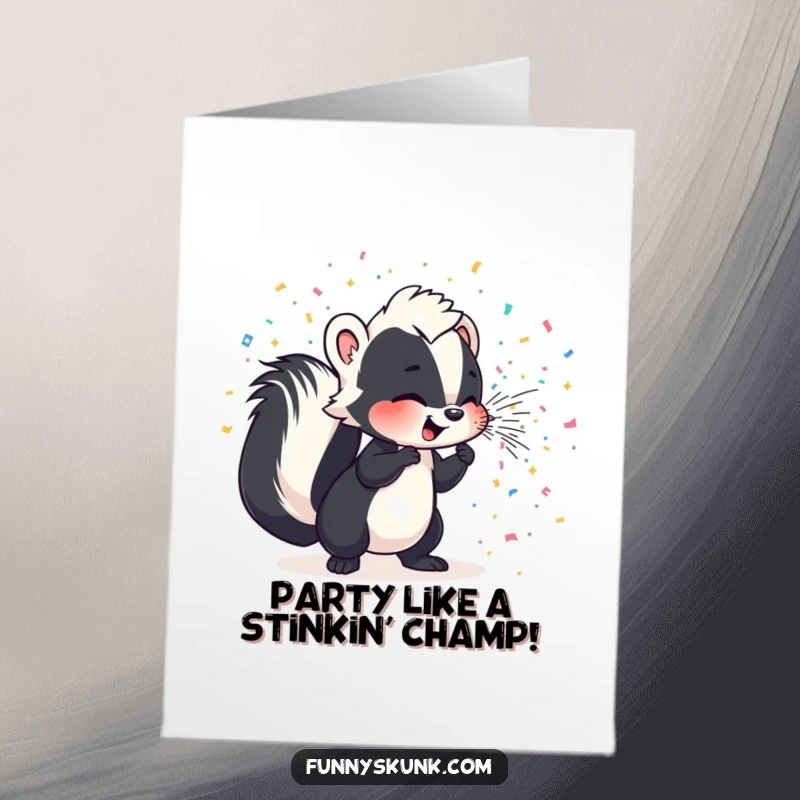 Funny Free Printable Birthday Card: Cute skunk character joyfully spraying a big cloud of colorful, sparkling confetti.