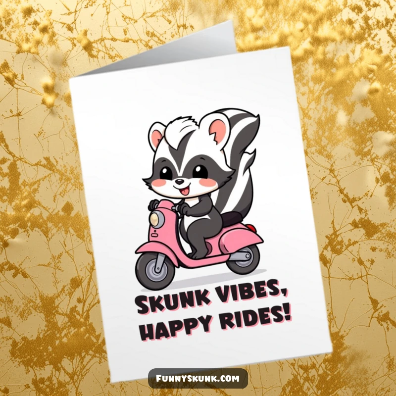 Funny free printable birthday card of a cheerful skunk with a joyful expression riding a tiny scooter with glee.