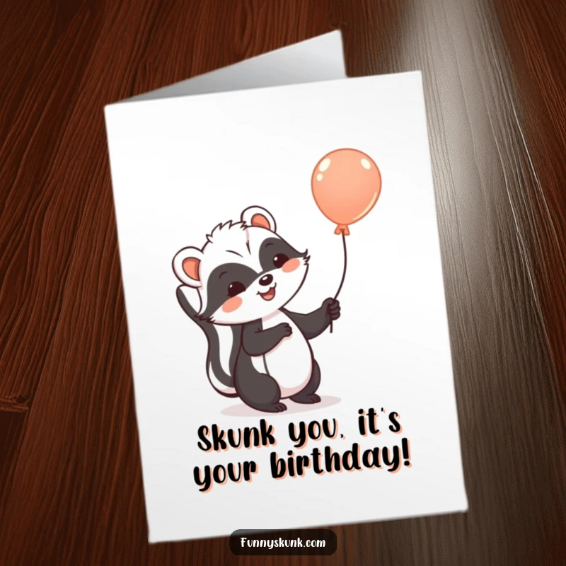 Funny Free Printable Birthday Card featuring a cheerful skunk happily floating upwards holding a single, colorful balloon.