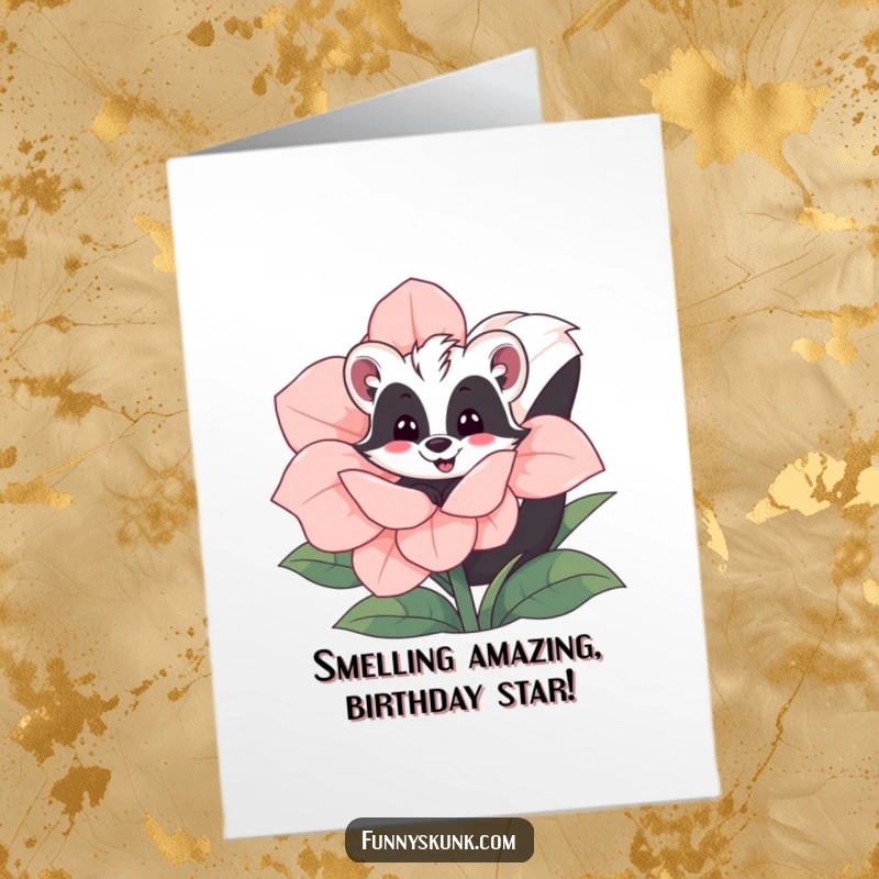 Funny Free Printable Birthday Card: Cute skunk playfully peeking from behind a giant, vibrant flower, ready to wish them a happy birthday.