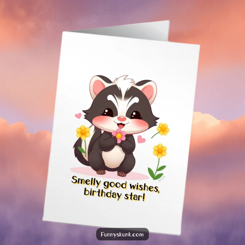 Funny Free Printable Birthday Card: A happy skunk comically juggling bright flowers, ready to celebrate.