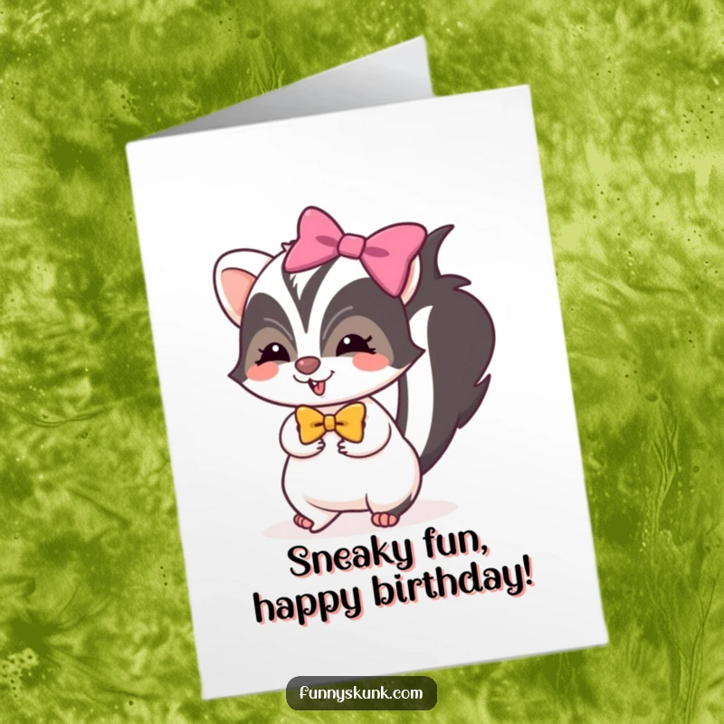 Funny free printable birthday card of a skunk wearing a bright bow, tiptoeing with mischievous glee and excitement.
