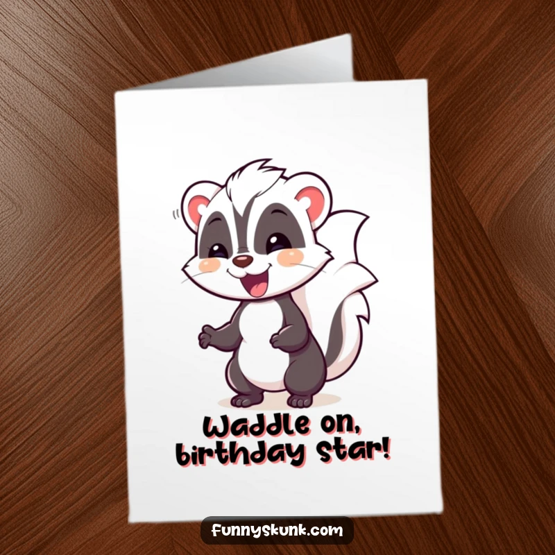 Funny free printable birthday card of a happy skunk striking a silly pose and waddling with pure delight.