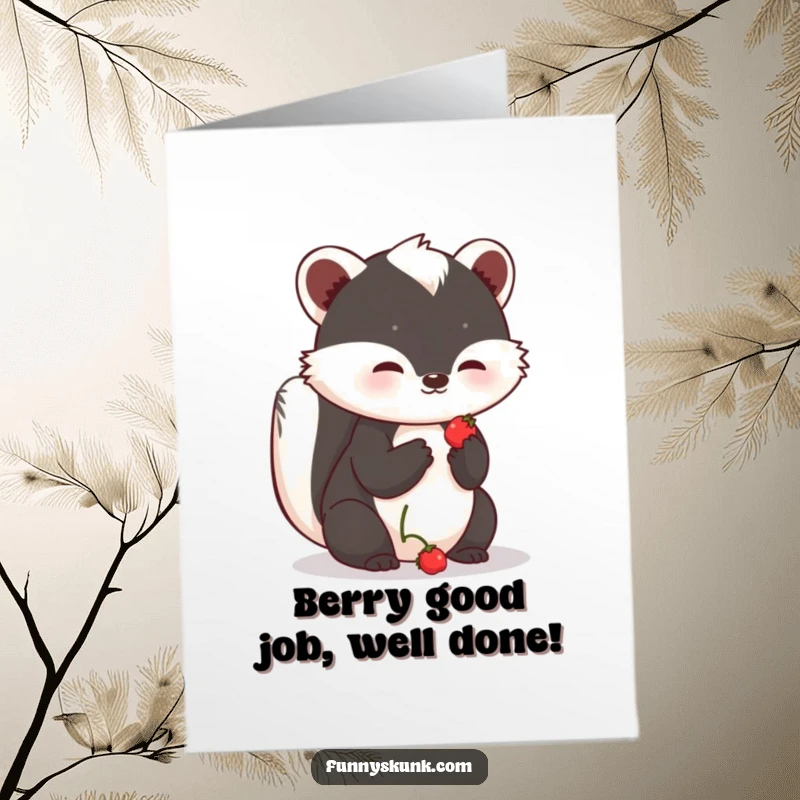 Funny Free Printable Congratulations Card: A shy skunk presents a small berry with a hopeful expression, celebrating achievements.
