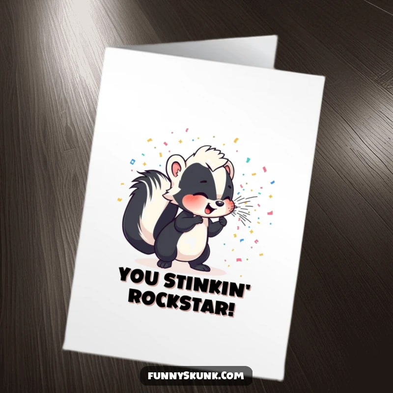 Funny Free Printable Congrats Card: Adorable skunk character joyously spraying a dazzling shower of confetti.
